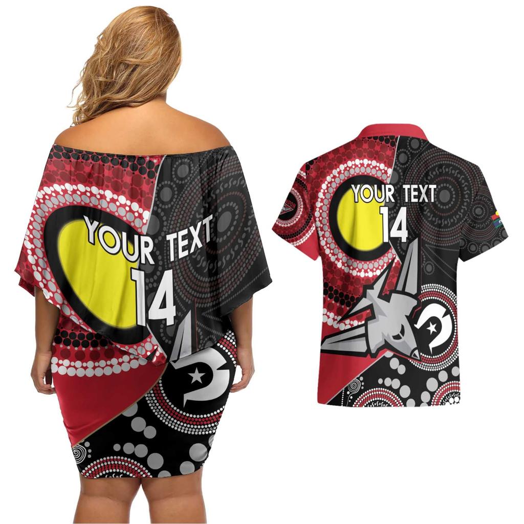 Custom AFL Essendon NAIDOC Week Couples Matching Off Shoulder Short Dress and Hawaiian Shirt Keep The Fire Burning Indigenous Art