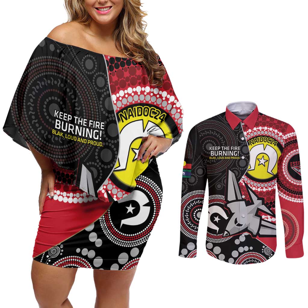 Custom AFL Essendon NAIDOC Week Couples Matching Off Shoulder Short Dress and Long Sleeve Button Shirt Keep The Fire Burning Indigenous Art