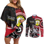 Custom AFL Essendon NAIDOC Week Couples Matching Off Shoulder Short Dress and Long Sleeve Button Shirt Keep The Fire Burning Indigenous Art