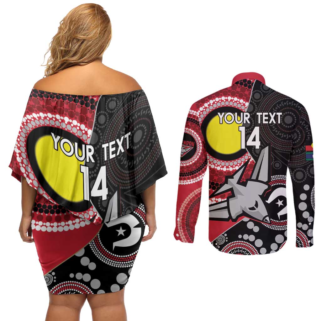 Custom AFL Essendon NAIDOC Week Couples Matching Off Shoulder Short Dress and Long Sleeve Button Shirt Keep The Fire Burning Indigenous Art