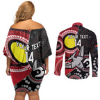 Custom AFL Essendon NAIDOC Week Couples Matching Off Shoulder Short Dress and Long Sleeve Button Shirt Keep The Fire Burning Indigenous Art