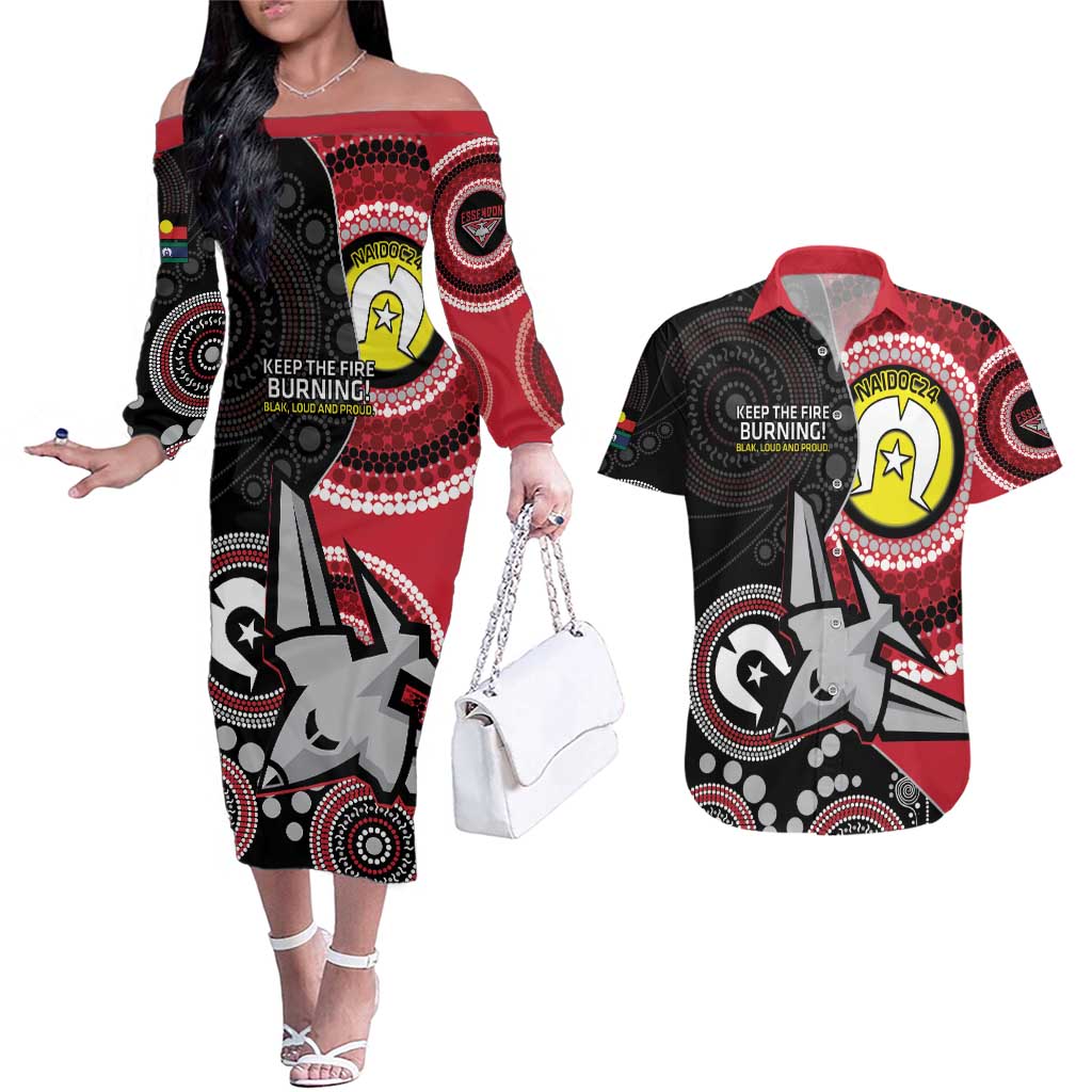 Custom AFL Essendon NAIDOC Week Couples Matching Off The Shoulder Long Sleeve Dress and Hawaiian Shirt Keep The Fire Burning Indigenous Art