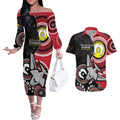 Custom AFL Essendon NAIDOC Week Couples Matching Off The Shoulder Long Sleeve Dress and Hawaiian Shirt Keep The Fire Burning Indigenous Art