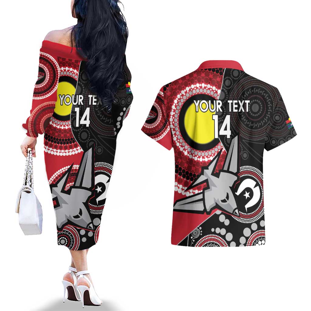Custom AFL Essendon NAIDOC Week Couples Matching Off The Shoulder Long Sleeve Dress and Hawaiian Shirt Keep The Fire Burning Indigenous Art