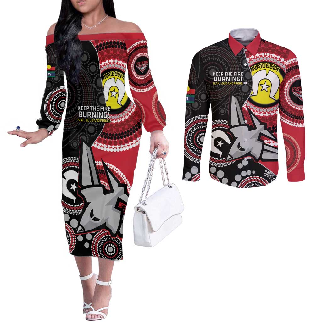 Custom AFL Essendon NAIDOC Week Couples Matching Off The Shoulder Long Sleeve Dress and Long Sleeve Button Shirt Keep The Fire Burning Indigenous Art