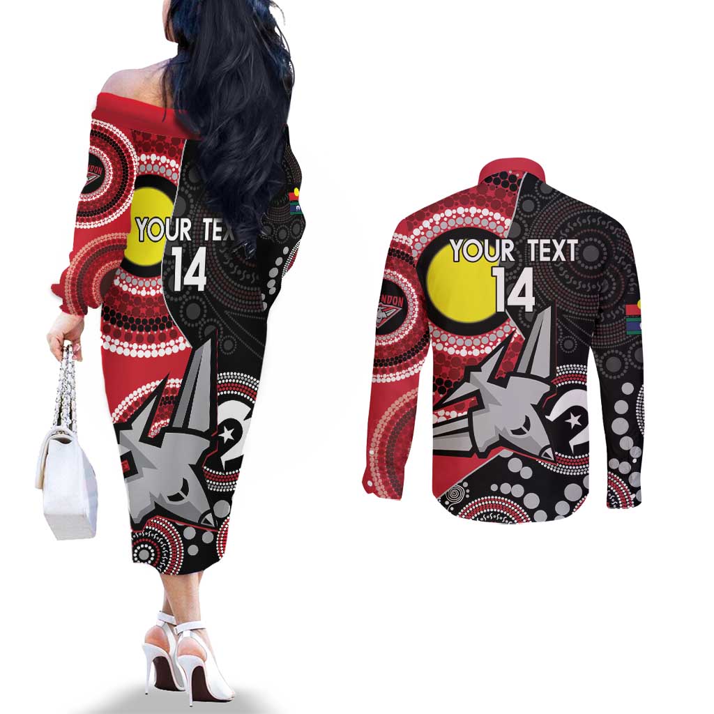 Custom AFL Essendon NAIDOC Week Couples Matching Off The Shoulder Long Sleeve Dress and Long Sleeve Button Shirt Keep The Fire Burning Indigenous Art