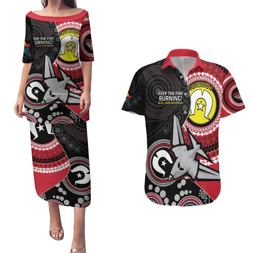 Custom AFL Essendon NAIDOC Week Couples Matching Puletasi and Hawaiian Shirt Keep The Fire Burning Indigenous Art