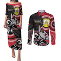 Custom AFL Essendon NAIDOC Week Couples Matching Puletasi and Long Sleeve Button Shirt Keep The Fire Burning Indigenous Art