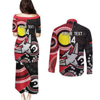 Custom AFL Essendon NAIDOC Week Couples Matching Puletasi and Long Sleeve Button Shirt Keep The Fire Burning Indigenous Art