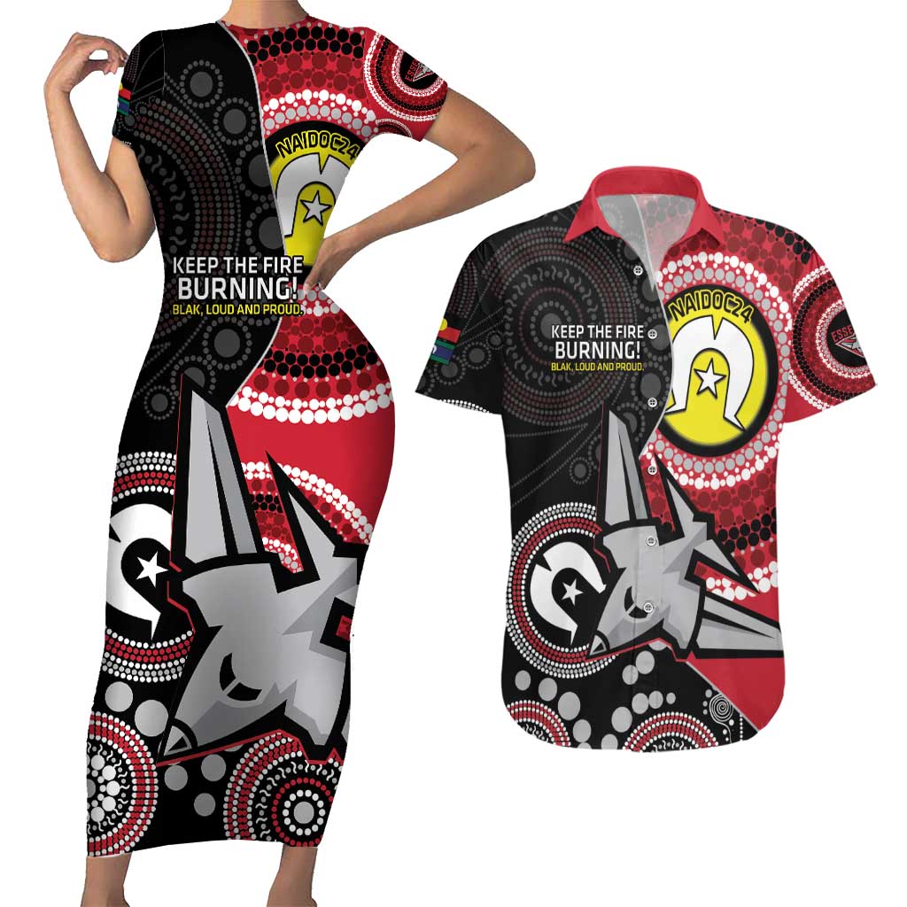 Custom AFL Essendon NAIDOC Week Couples Matching Short Sleeve Bodycon Dress and Hawaiian Shirt Keep The Fire Burning Indigenous Art