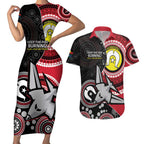 Custom AFL Essendon NAIDOC Week Couples Matching Short Sleeve Bodycon Dress and Hawaiian Shirt Keep The Fire Burning Indigenous Art