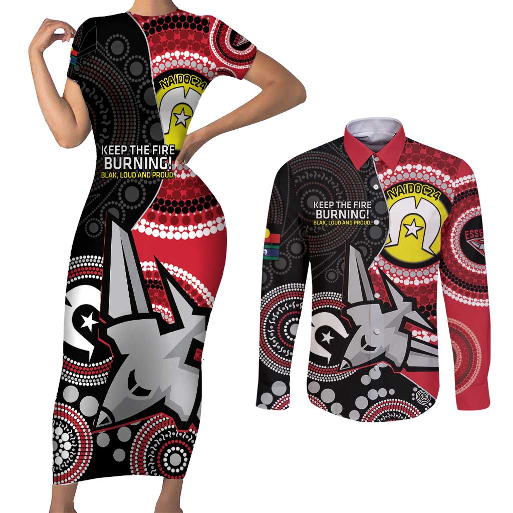 Custom AFL Essendon NAIDOC Week Couples Matching Short Sleeve Bodycon Dress and Long Sleeve Button Shirt Keep The Fire Burning Indigenous Art