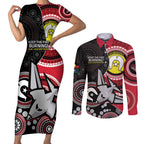 Custom AFL Essendon NAIDOC Week Couples Matching Short Sleeve Bodycon Dress and Long Sleeve Button Shirt Keep The Fire Burning Indigenous Art