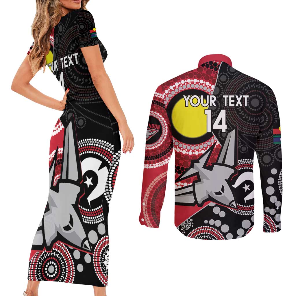 Custom AFL Essendon NAIDOC Week Couples Matching Short Sleeve Bodycon Dress and Long Sleeve Button Shirt Keep The Fire Burning Indigenous Art