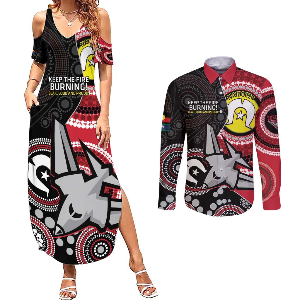 Custom AFL Essendon NAIDOC Week Couples Matching Summer Maxi Dress and Long Sleeve Button Shirt Keep The Fire Burning Indigenous Art
