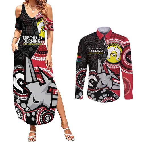 Custom AFL Essendon NAIDOC Week Couples Matching Summer Maxi Dress and Long Sleeve Button Shirt Keep The Fire Burning Indigenous Art