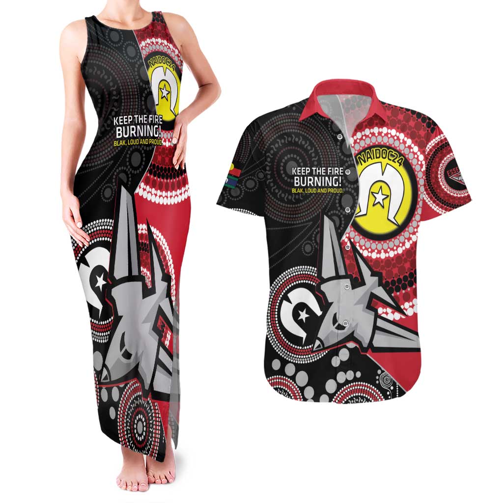 Custom AFL Essendon NAIDOC Week Couples Matching Tank Maxi Dress and Hawaiian Shirt Keep The Fire Burning Indigenous Art