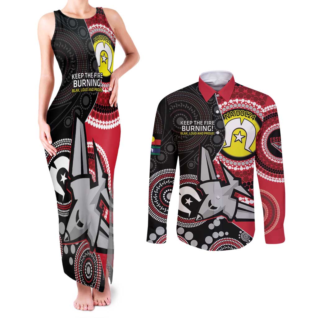 Custom AFL Essendon NAIDOC Week Couples Matching Tank Maxi Dress and Long Sleeve Button Shirt Keep The Fire Burning Indigenous Art
