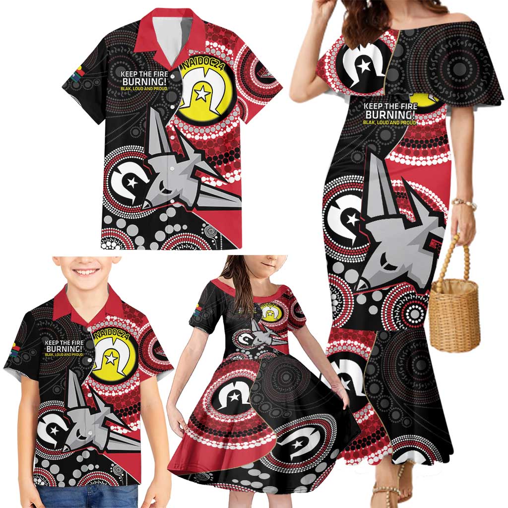 Custom AFL Essendon NAIDOC Week Family Matching Mermaid Dress and Hawaiian Shirt Keep The Fire Burning Indigenous Art