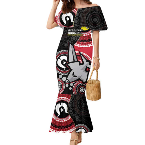 Custom AFL Essendon NAIDOC Week Family Matching Mermaid Dress and Hawaiian Shirt Keep The Fire Burning Indigenous Art