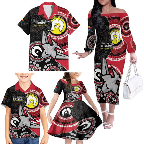 Custom AFL Essendon NAIDOC Week Family Matching Off The Shoulder Long Sleeve Dress and Hawaiian Shirt Keep The Fire Burning Indigenous Art