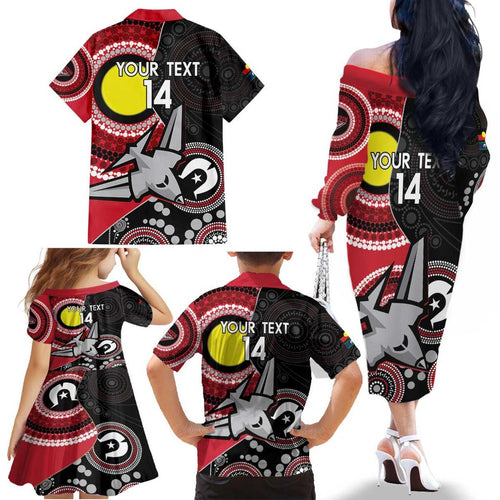 Custom AFL Essendon NAIDOC Week Family Matching Off The Shoulder Long Sleeve Dress and Hawaiian Shirt Keep The Fire Burning Indigenous Art