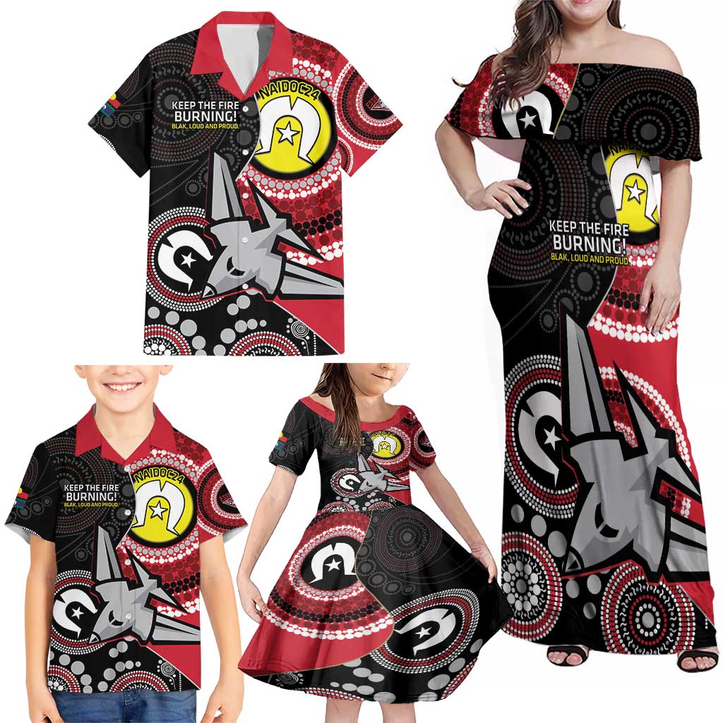 Custom AFL Essendon NAIDOC Week Family Matching Off Shoulder Maxi Dress and Hawaiian Shirt Keep The Fire Burning Indigenous Art
