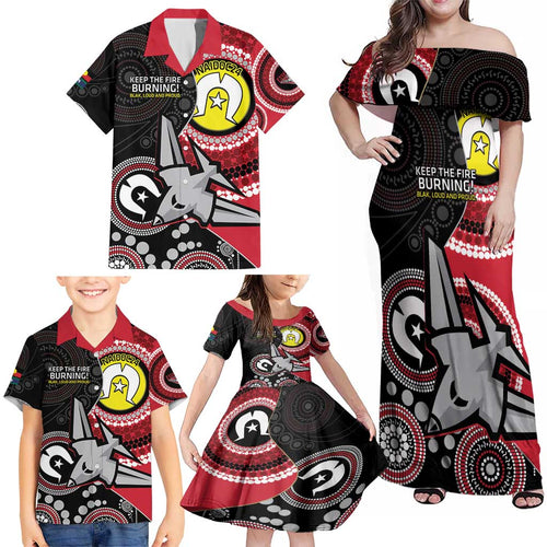 Custom AFL Essendon NAIDOC Week Family Matching Off Shoulder Maxi Dress and Hawaiian Shirt Keep The Fire Burning Indigenous Art