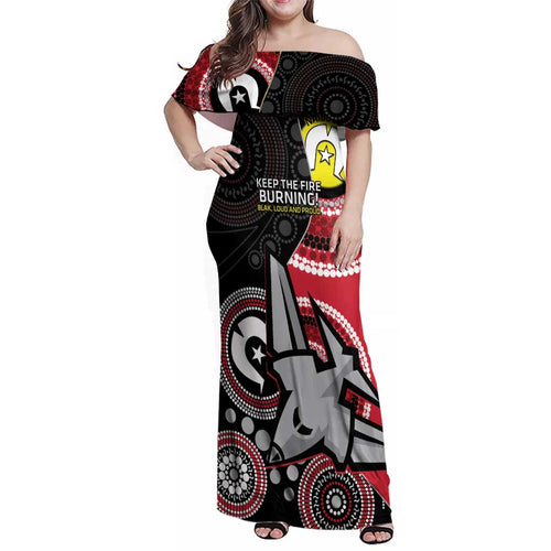 Custom AFL Essendon NAIDOC Week Family Matching Off Shoulder Maxi Dress and Hawaiian Shirt Keep The Fire Burning Indigenous Art