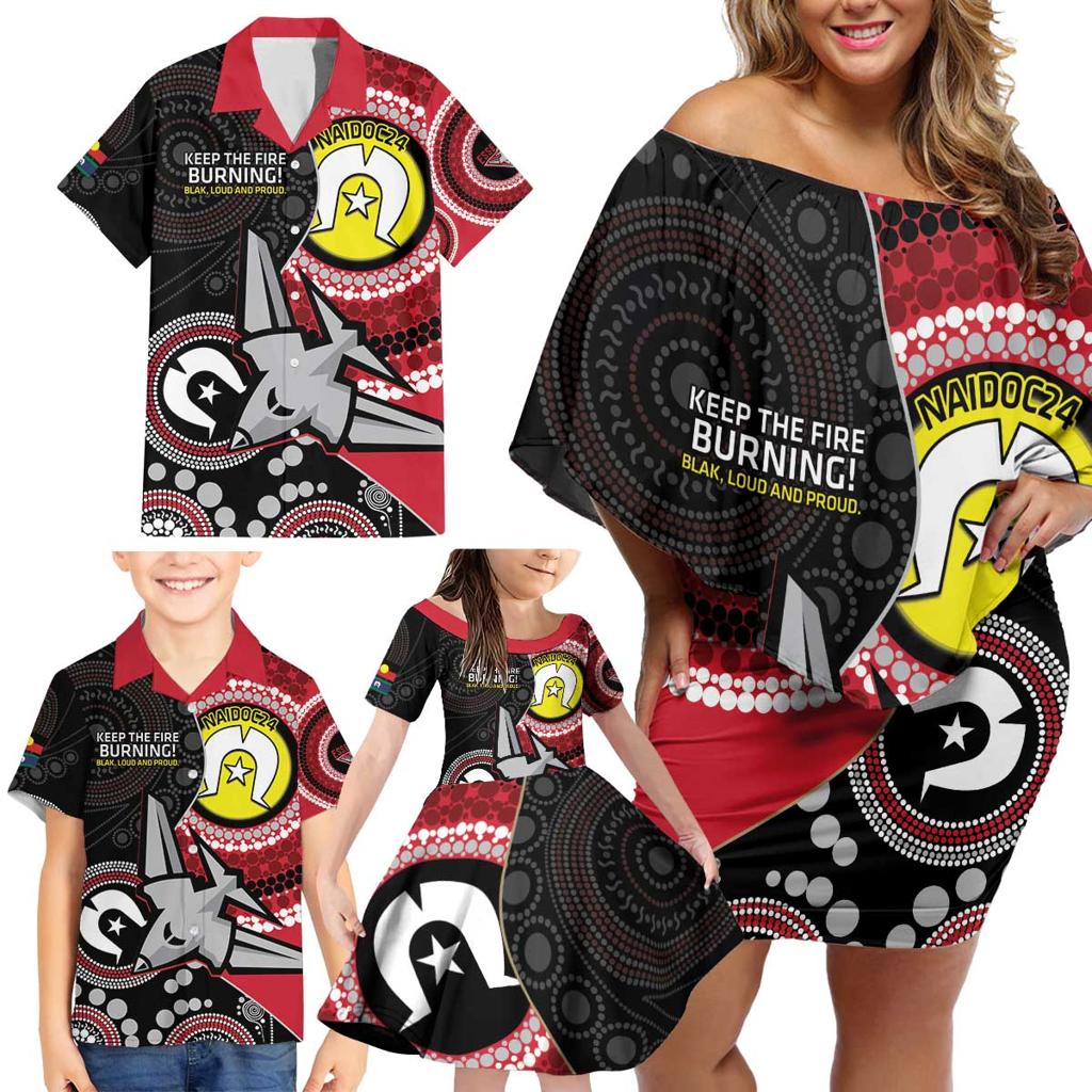 Custom AFL Essendon NAIDOC Week Family Matching Off Shoulder Short Dress and Hawaiian Shirt Keep The Fire Burning Indigenous Art