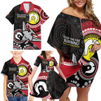 Custom AFL Essendon NAIDOC Week Family Matching Off Shoulder Short Dress and Hawaiian Shirt Keep The Fire Burning Indigenous Art