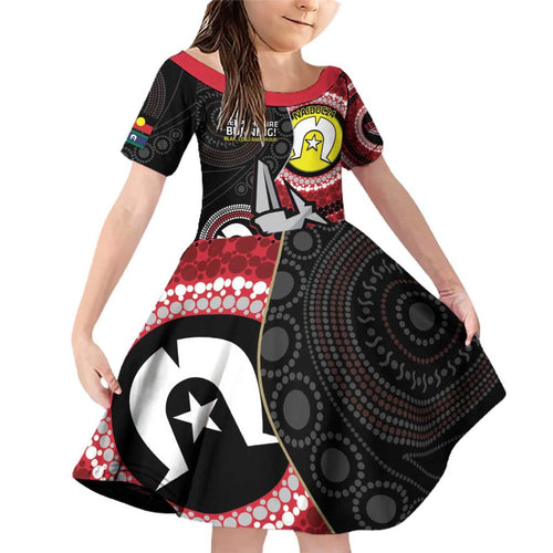 Custom AFL Essendon NAIDOC Week Family Matching Off Shoulder Short Dress and Hawaiian Shirt Keep The Fire Burning Indigenous Art