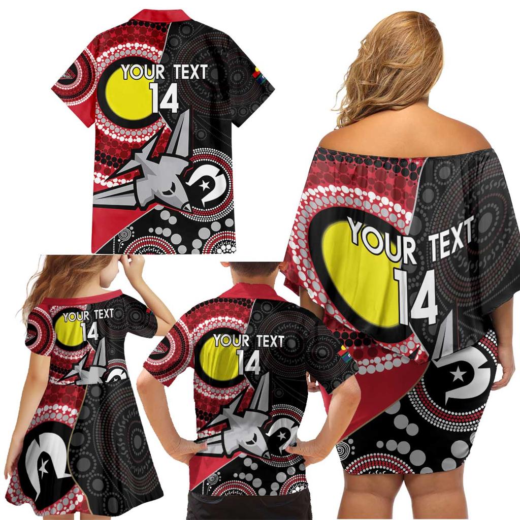 Custom AFL Essendon NAIDOC Week Family Matching Off Shoulder Short Dress and Hawaiian Shirt Keep The Fire Burning Indigenous Art