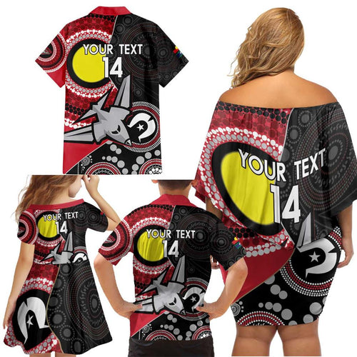 Custom AFL Essendon NAIDOC Week Family Matching Off Shoulder Short Dress and Hawaiian Shirt Keep The Fire Burning Indigenous Art
