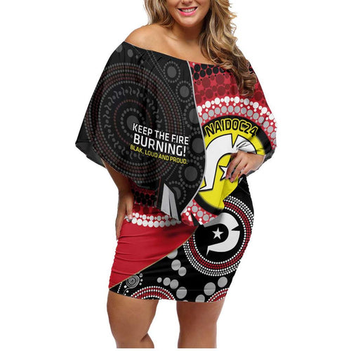 Custom AFL Essendon NAIDOC Week Family Matching Off Shoulder Short Dress and Hawaiian Shirt Keep The Fire Burning Indigenous Art