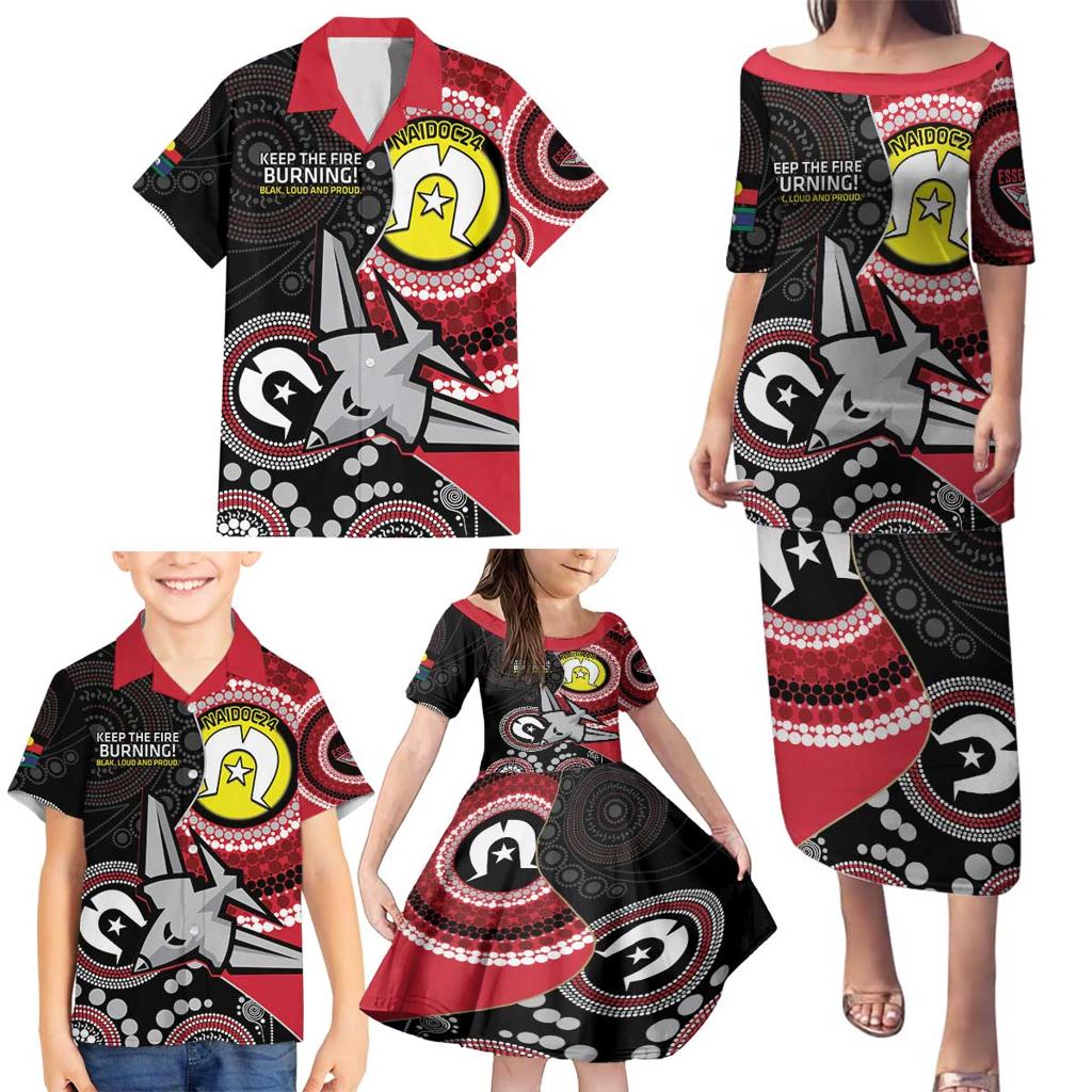 Custom AFL Essendon NAIDOC Week Family Matching Puletasi and Hawaiian Shirt Keep The Fire Burning Indigenous Art