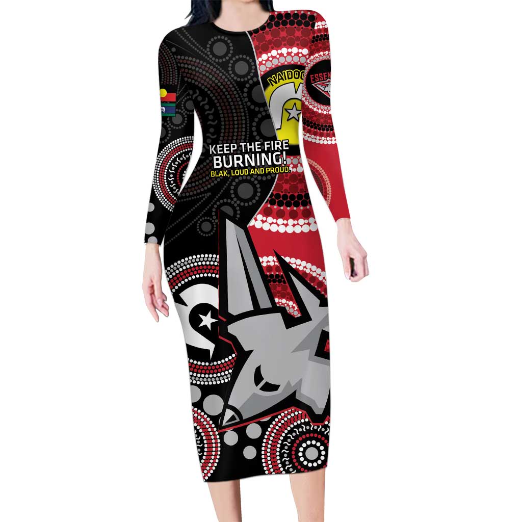 Custom AFL Essendon NAIDOC Week Long Sleeve Bodycon Dress Keep The Fire Burning Indigenous Art
