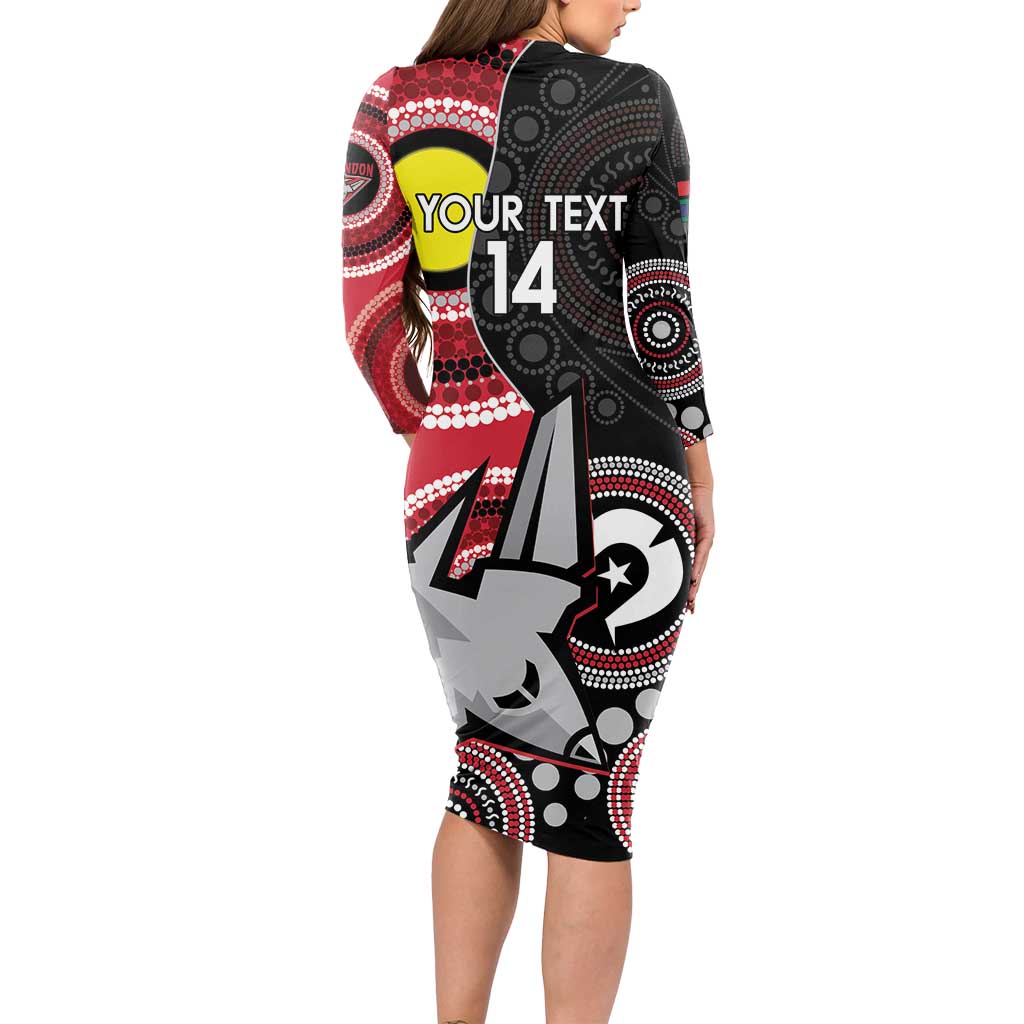Custom AFL Essendon NAIDOC Week Long Sleeve Bodycon Dress Keep The Fire Burning Indigenous Art