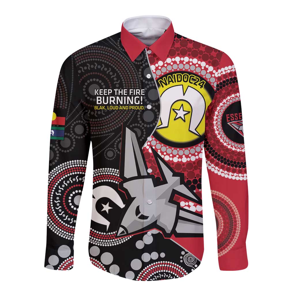 Custom AFL Essendon NAIDOC Week Long Sleeve Button Shirt Keep The Fire Burning Indigenous Art