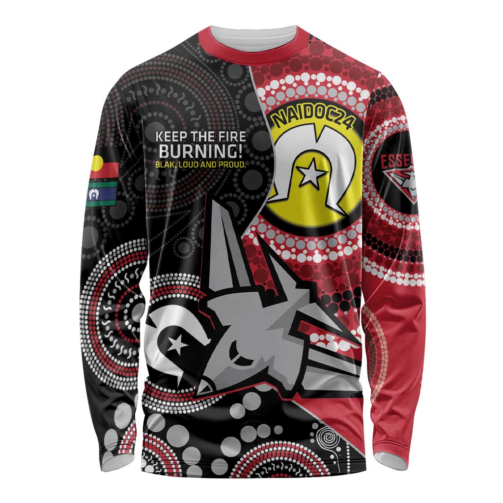 Custom AFL Essendon NAIDOC Week Long Sleeve Shirt Keep The Fire Burning Indigenous Art