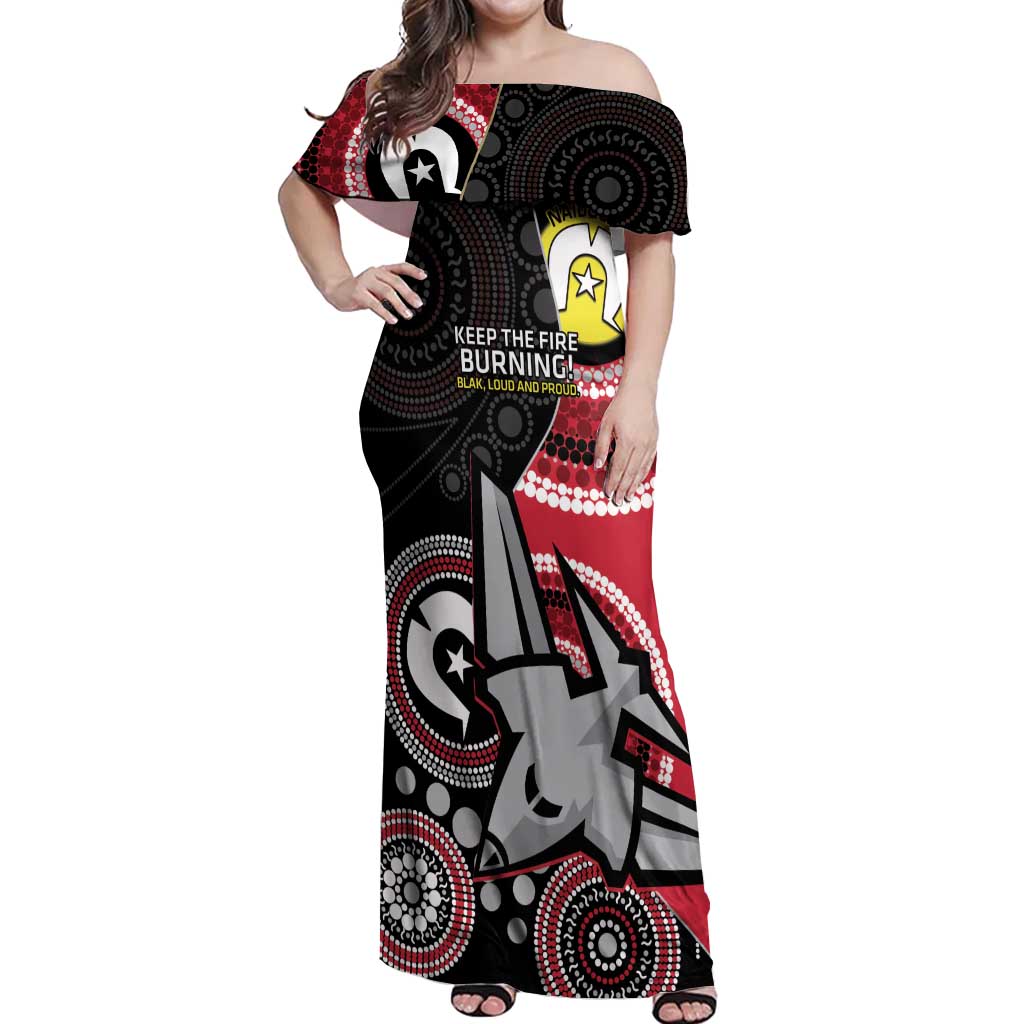 Custom AFL Essendon NAIDOC Week Off Shoulder Maxi Dress Keep The Fire Burning Indigenous Art