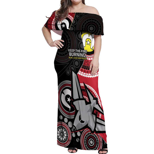 Custom AFL Essendon NAIDOC Week Off Shoulder Maxi Dress Keep The Fire Burning Indigenous Art