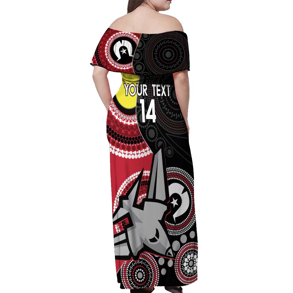 Custom AFL Essendon NAIDOC Week Off Shoulder Maxi Dress Keep The Fire Burning Indigenous Art