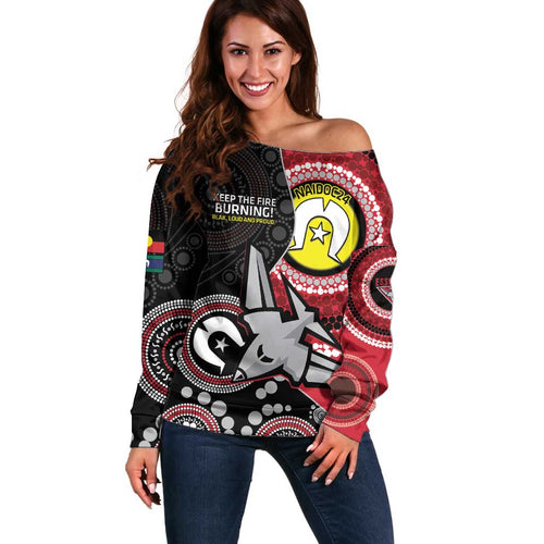 Custom AFL Essendon NAIDOC Week Off Shoulder Sweater Keep The Fire Burning Indigenous Art