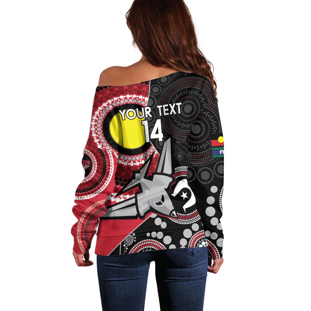 Custom AFL Essendon NAIDOC Week Off Shoulder Sweater Keep The Fire Burning Indigenous Art