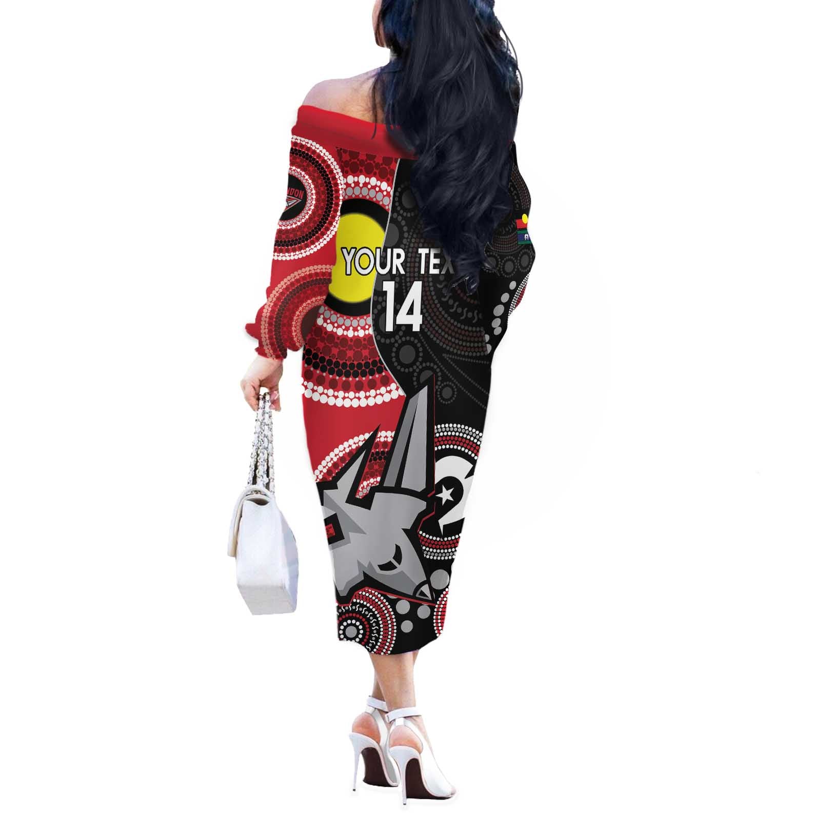 Custom AFL Essendon NAIDOC Week Off The Shoulder Long Sleeve Dress Keep The Fire Burning Indigenous Art