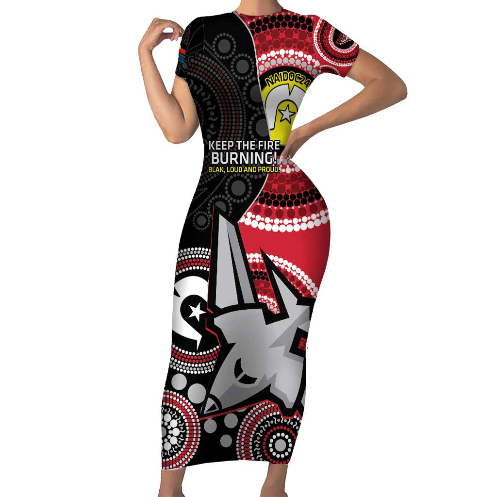 Custom AFL Essendon NAIDOC Week Short Sleeve Bodycon Dress Keep The Fire Burning Indigenous Art
