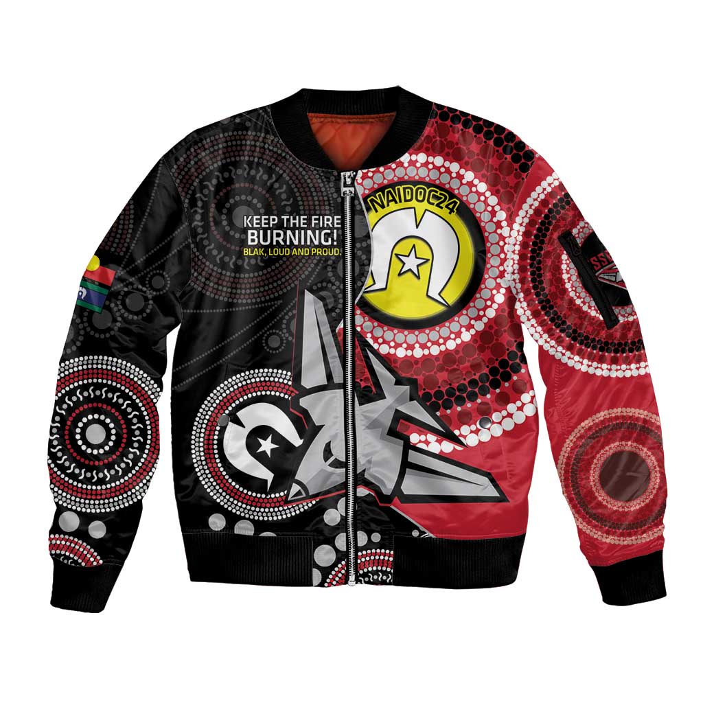 Custom AFL Essendon NAIDOC Week Sleeve Zip Bomber Jacket Keep The Fire Burning Indigenous Art