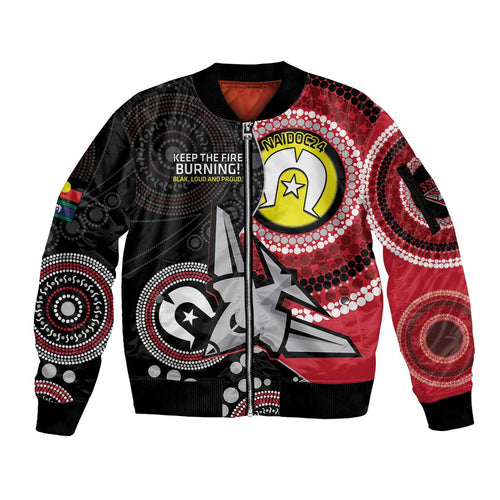 Custom AFL Essendon NAIDOC Week Sleeve Zip Bomber Jacket Keep The Fire Burning Indigenous Art