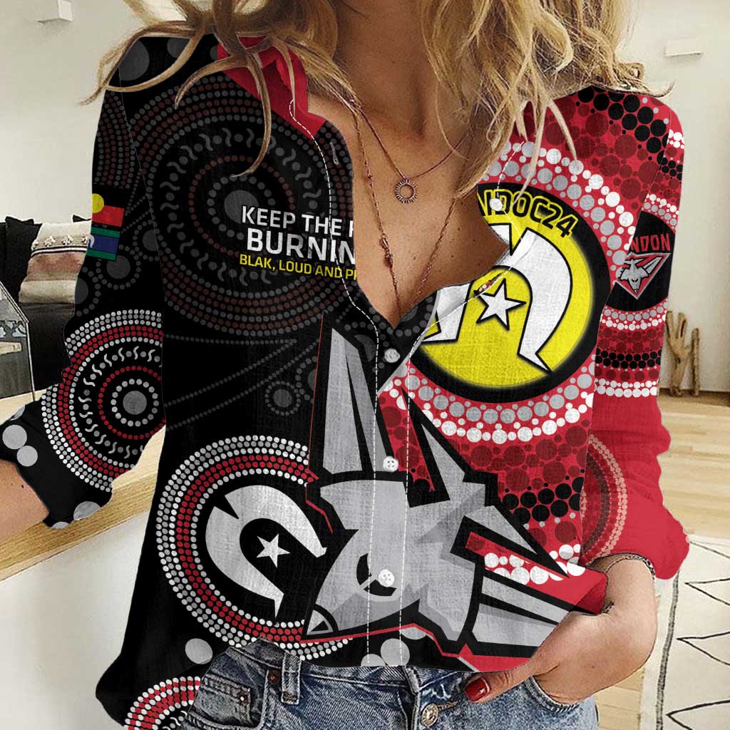 Custom AFL Essendon NAIDOC Week Women Casual Shirt Keep The Fire Burning Indigenous Art